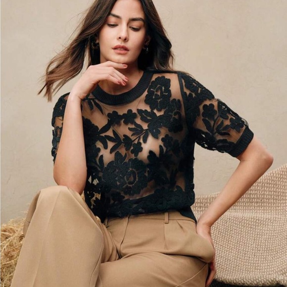 Anewsta Women's Autumn Floral Mesh Round Neck Short Sleeve Knit Top - Picture 1 of 6